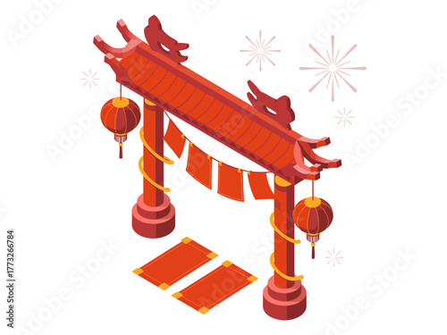 Ornate torii gate, festival banner and lanterns, decorative pillars, ceremonial entrance symbol, cultural architecture element, vector illustration