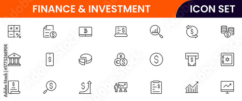 Finance and investment vector web line icon collection, sleek illustrations of budgets, charts, calculators, investments for strategic, financial designs.