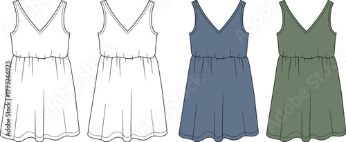 Sleeveless dress design, V‑neckline fashion illustration, CAD garment template, flat vector drawing, gathered skirt style, fitted bodice, color variations