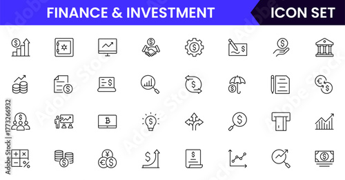 Finance and investment vector web line icon collection, sleek illustrations of budgets, charts, calculators, investments for strategic, financial designs.