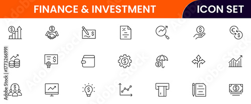 Finance and investment vector web line icon collection, sleek illustrations of budgets, charts, calculators, investments for strategic, financial designs.