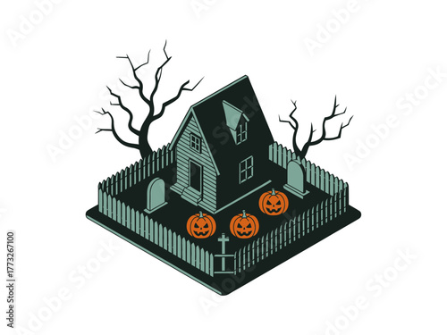 Spooky isometric cottage with leafless trees, pumpkin decor, dark fence, misty yard, haunted evening mood, seasonal halloween vector