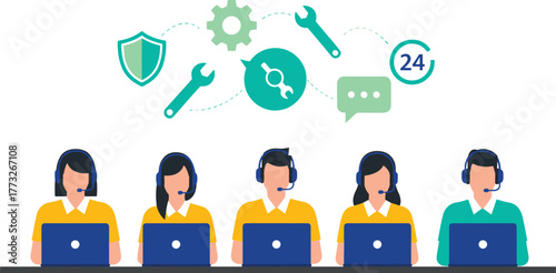 Technical support team, customer service agents, headset communication, laptop workers, 24 hour help, vector illustration, tools icons, professional assistance