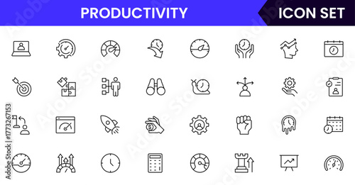 Productivity vector web line icon collection, sleek illustrations of tasks, clocks, calendars, efficiency tools for streamlined, effective designs.