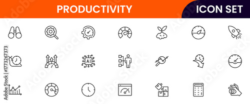 Productivity vector web line icon collection, sleek illustrations of tasks, clocks, calendars, efficiency tools for streamlined, effective designs.