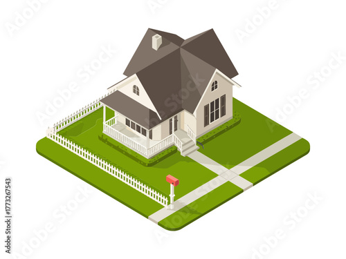 Cozy isometric cottage with steep roof, white picket fence, corner lot lawn, residential neighborhood scene, clean vector