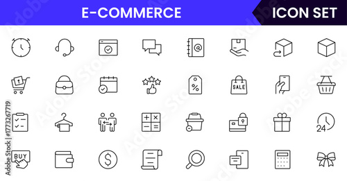 E-commerce vector web line icon collection, sleek illustrations of carts, payments, products, online shopping for vibrant, digital marketplace designs.