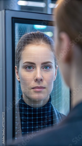 Artificial General Intelligence A woman looks into a high-tech mirror displaying biometric data and facial recognition technology.