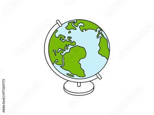 Desk globe illustration, small rotating earth model, classroom decor, study reference, geography education tool, simple vector graphic
