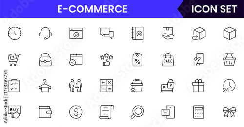 E-commerce vector web line icon collection, sleek illustrations of carts, payments, products, online shopping for vibrant, digital marketplace designs.