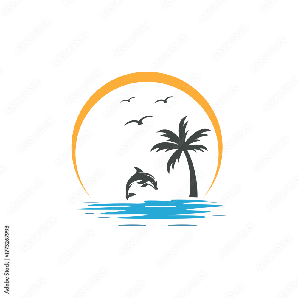 Fototapeta premium beach sunset and palm tree logo design icon symbol vector illustration.