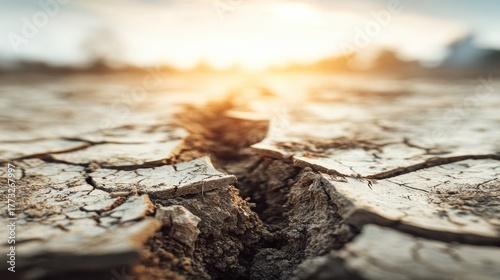 Cracked Dry Ground Under Bright Sunset Sky in a Drought-Affected Landscape