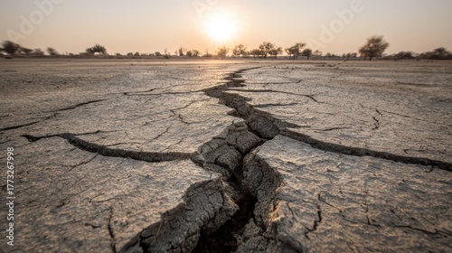 Cracked Earth Landscape at Sunset Showcasing Drought Conditions and Dry Soil in a Desolate Environment