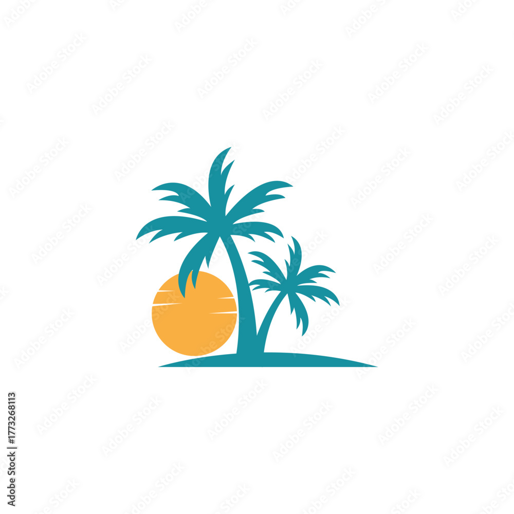 Obraz premium beach sunset and palm tree logo design icon symbol vector illustration.