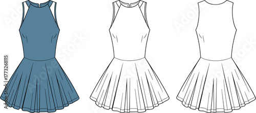 Sleeveless flared mini dress fashion flat sketch, women's skater dress CAD drawing, technical vector illustration clothing design template