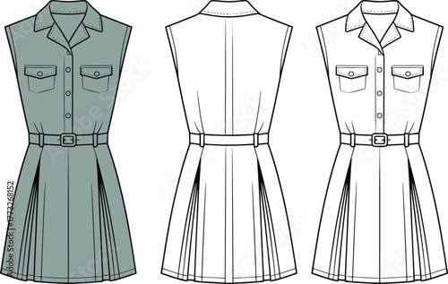 Sleeveless lapel wrap dress fashion template, CAD garment drawing, flat vector illustration, pleated skirt design, fitted bodice sketch, women’s clothing outline