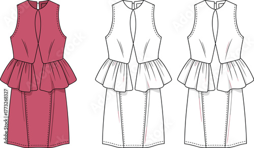 Sleeveless peplum dress vector, fashion flat sketch, technical apparel drawing, garment silhouette, clothing template, digital fashion illustration, pencil skirt design, CAD art