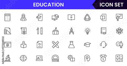 Education vector web line icon collection, sleek illustrations of books, diplomas, e-learning, knowledge for inspiring, academic designs.