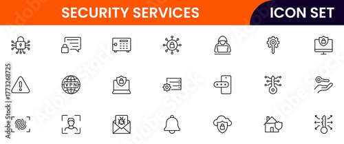 Security vector web line icon collection, sleek illustrations of locks, shields, cameras, cybersecurity for safe, protected digital designs.