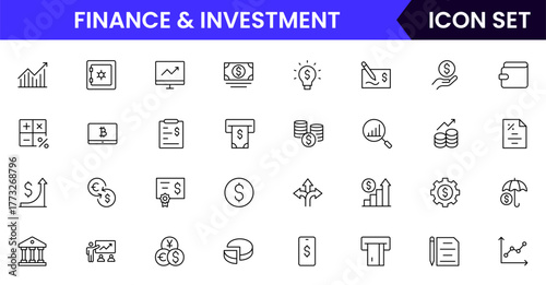 Finance and investment vector web line icon collection, sleek illustrations of budgets, charts, calculators, investments for strategic, financial designs.