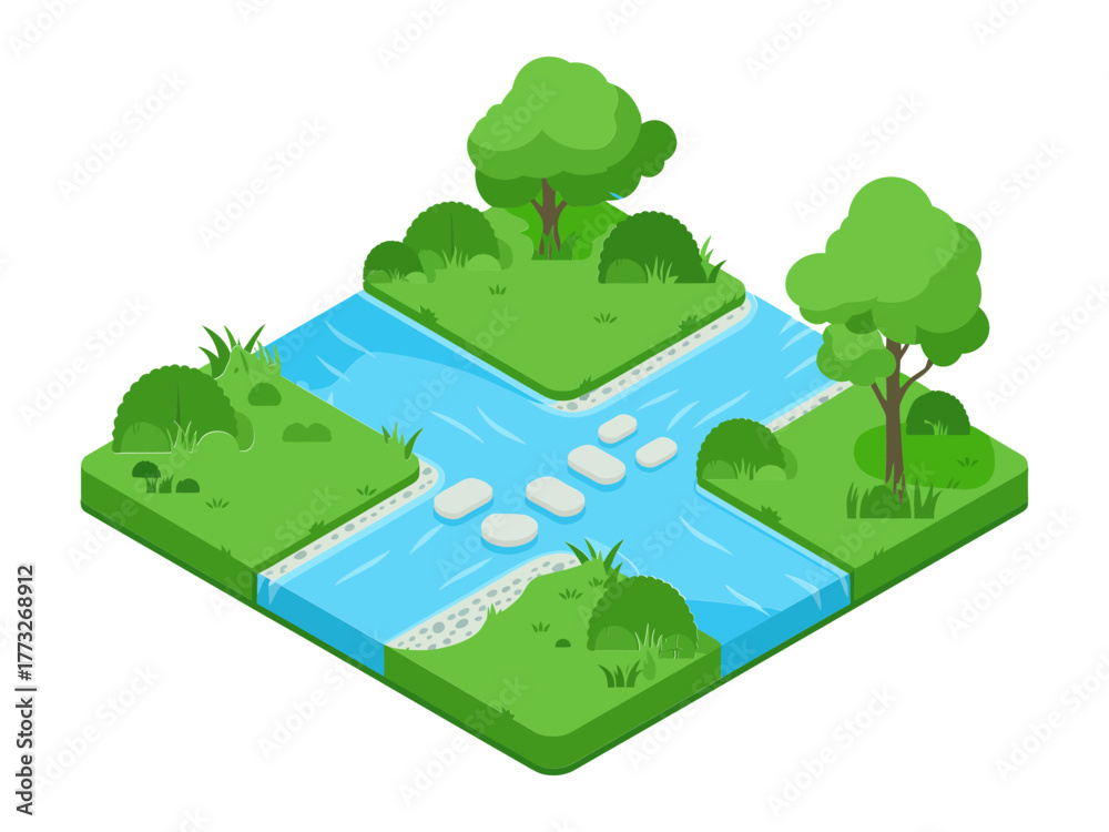Fototapeta premium Crossed garden streams, stepping stones and bridge, grassy banks with trees, tranquil park diorama, isometric landscape vector