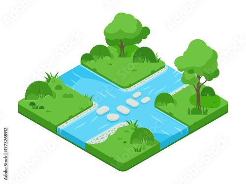Crossed garden streams, stepping stones and bridge, grassy banks with trees, tranquil park diorama, isometric landscape vector