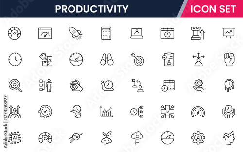 Productivity vector web line icon collection, sleek illustrations of tasks, clocks, calendars, efficiency tools for streamlined, effective designs.