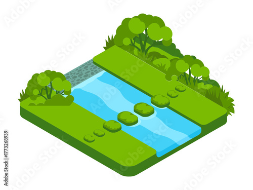 Isometric stream garden, tranquil water channel, stepping stones path, lush bushes, scenic park tile, landscape design vector