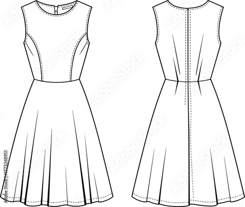 Sleeveless princess seam dress fashion template, CAD garment drawing, flat vector illustration, flared skirt design, fitted bodice sketch, women’s clothing outline