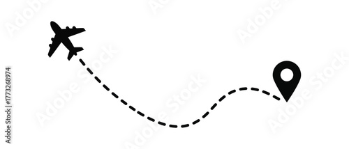 Airplane Flight Path and Destination Pointer Icon Journey and Travel Concept