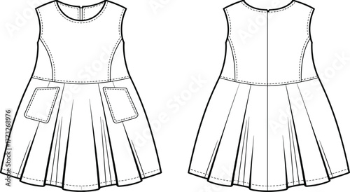 Sleeveless princess seam dress fashion template, CAD garment drawing, flat vector illustration, pleated skirt design, patch pocket sketch, fitted bodice outline