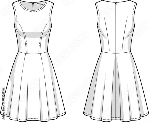 Sleeveless princess seam dress fashion template, CAD garment drawing, flat vector illustration, round neckline design, flared skirt sketch, fitted bodice outline