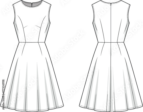 Sleeveless princess seam dress fashion template, CAD garment drawing, flat vector illustration, round neckline design, pleated flared skirt sketch, fitted bodice outline