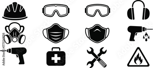 Vector illustration set of personal protective equipment and industrial safety workwear icons isolated on a white background