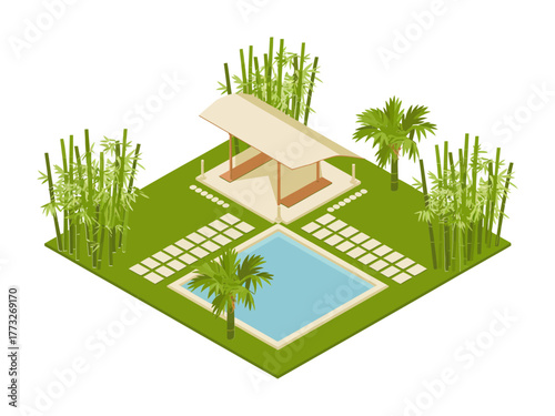 Modern garden gazebo, reflective water feature pool, bamboo plants, stepping tiles walkway, serene spa retreat, isometric resort illustration