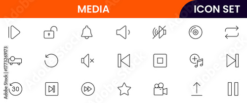 Media Vector web line icon collection, sleek illustrations of play, pause, volume, streaming for dynamic, multimedia designs.