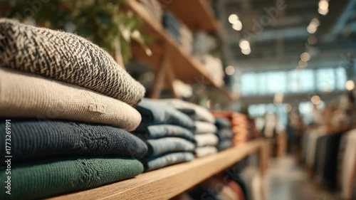 Cozy Natural Textiles Displayed Neatly in a Bright Fashion Boutique Interior with Warm Ambient Lighting and a Touch of Greenery