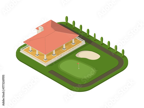 Isometric golf clubhouse, red roof pavilion, practice green, manicured fairway edges, landscaped trees, sports facility architecture, leisure recreation