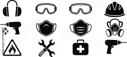 Vector illustration set of personal protective equipment and industrial safety workwear icons isolated on a white background