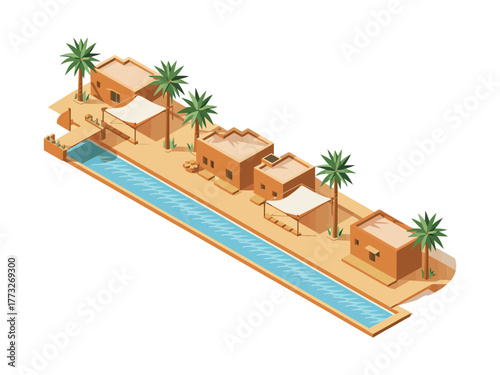 Desert canal resort, row of adobe villas, palm trees lining boardwalk, serene waterway retreat, isometric holiday vector