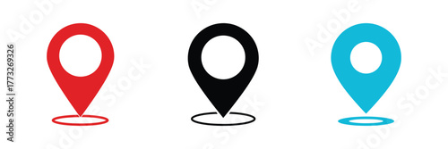 Red, Black, and Blue Location Pin Icons on White Background