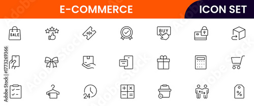 E-commerce vector web line icon collection, sleek illustrations of carts, payments, products, online shopping for vibrant, digital marketplace designs.