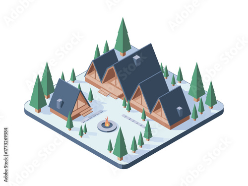 Winter cabin village, A frame lodges, snowy pine forest, central fire circle, cozy mountain retreat, isometric travel vector