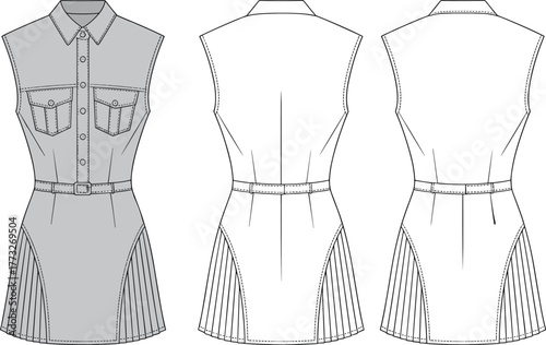 Sleeveless shirt dress fashion template, CAD garment drawing, flat vector illustration, belted waist design, pleated skirt sketch, collared bodice outline