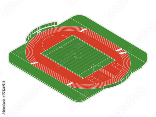Athletics track stadium view, red running lanes, inner football field, curved spectator stands, green landscape, competitive sports facility