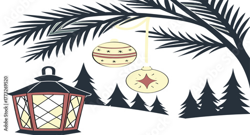A vector cartoon illustration for a Christmas card design featuring Santa Claus, a snowman, and a decorated tree under a snowy night sky