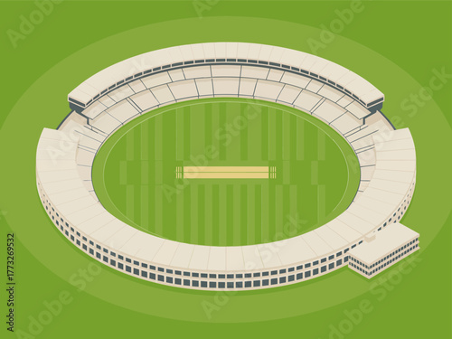 Large oval sports stadium exterior, sweeping concrete tiers, central grass field, event arena overview, clean architectural illustration
