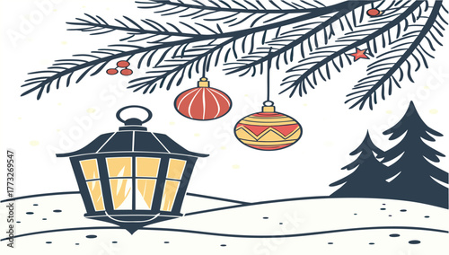 Christmas tree decoration with lantern on a snowy winter night holiday card illustration