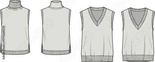 Sleeveless sweater vest fashion flat sketch, turtleneck and V-neck knitwear design, technical CAD drawing, apparel template vector illustration, clothing design