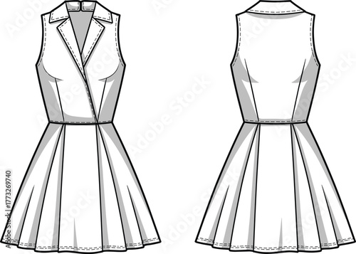 Sleeveless wrap dress fashion template, CAD garment drawing, flat vector illustration, notched lapel collar design, pleated skirt sketch, fitted bodice outline